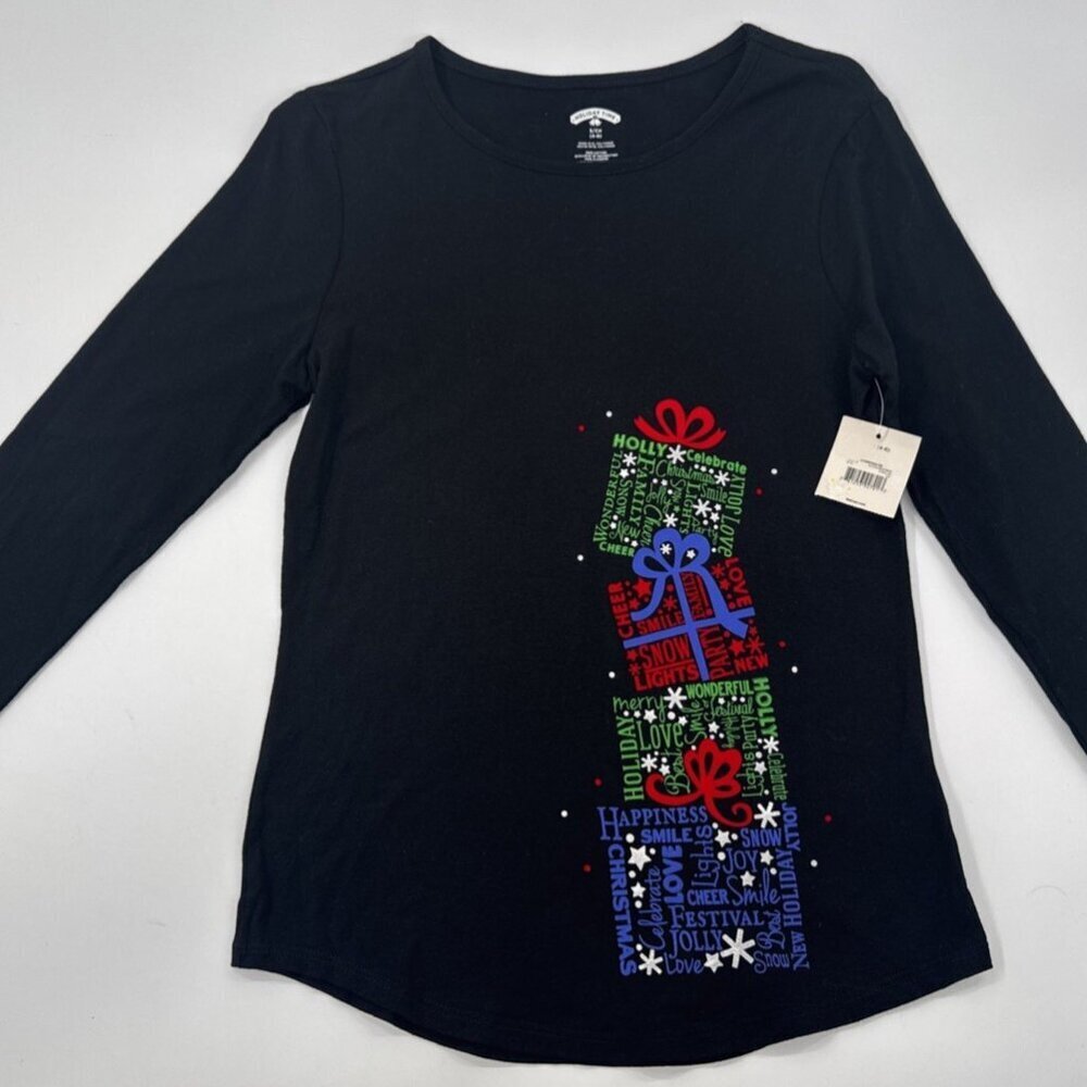 Christmas Top Womens Small Black Presents Gifts Shirt Tunic Holiday Time NEW